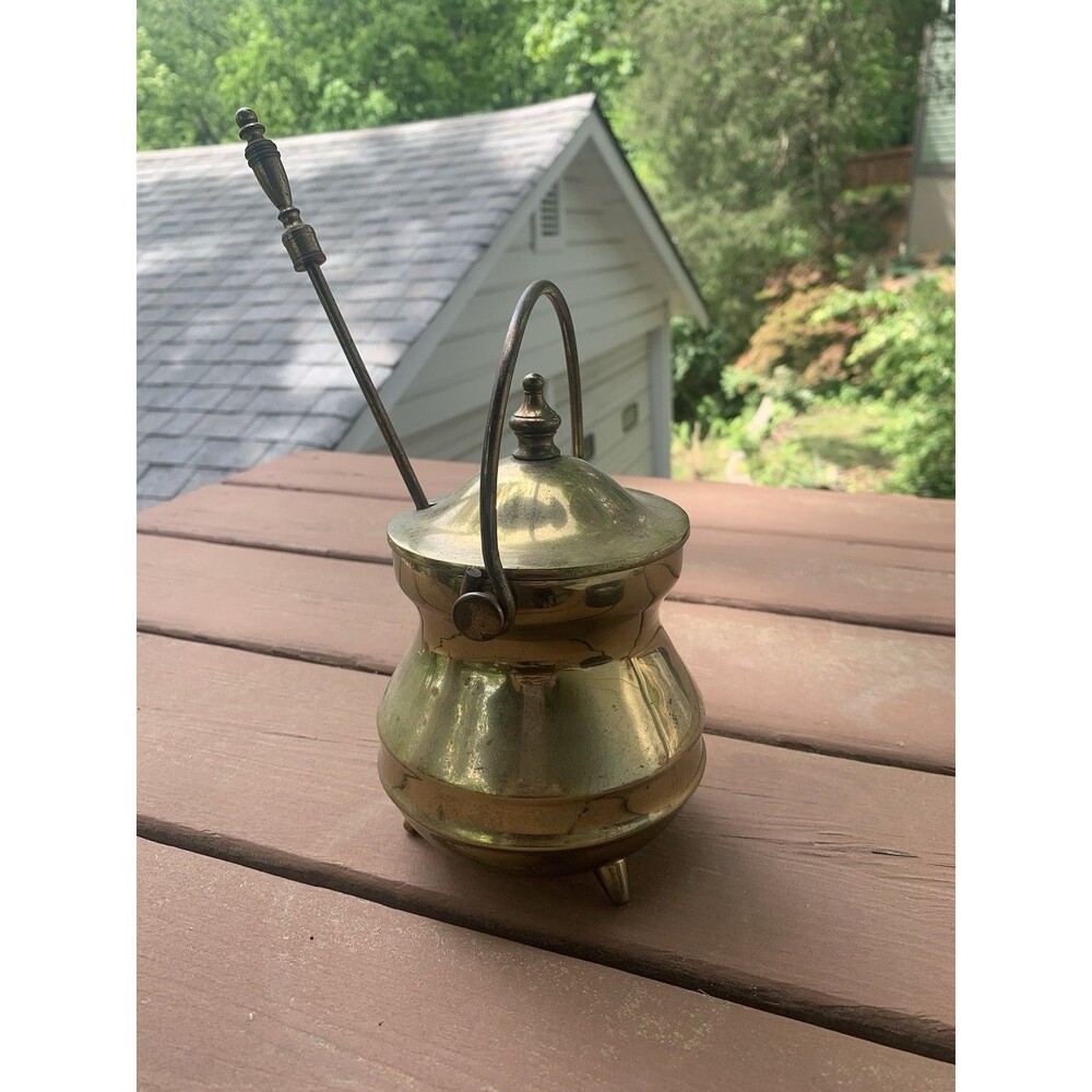 Vintage Brass Smudge Pot Cauldron | Fire Starter w/ Lid & Pumice Wand